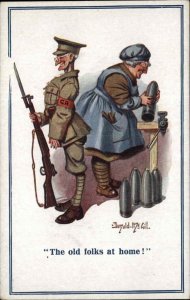 A/s DONALD McGILL WWI Old Soldier w Old Woman Bullets and Gun Postcard