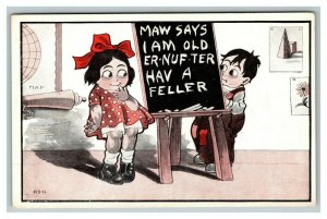 Vintage 1900's Comic Postcard Little Girl Shy Boy in School Young Love