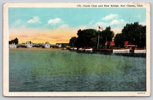 Port Clinton Ohio~Yacht Club Harbor~New Bridge~Sunset~Flag~Linen 1948 Postcard
