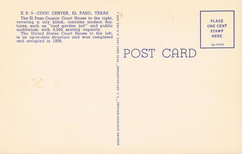 TX El Paso Texas-Civic Center-Vintage c1940 Linen Postcard (E14)