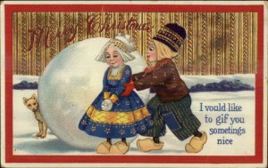 Christmas - Dutch Kids Giant Snowball & Dog c1910 Postcard