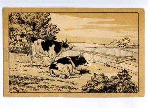 236110 RUSSIA cow in meadow Vintage Kastelli Litho postcard