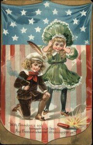 4th Fourth of July Children Boy & Girl Light Firecracker TUCK Postcard c1910