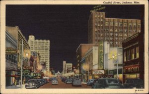 JACKSON MS Capitol Street at Night Old LINEN Postcard