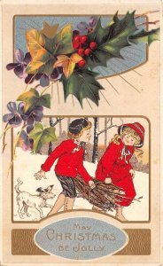 Christmas Greetings Children with Firewood and Dog Vintage Postcard AA72136