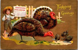 Thanksgiving Postcard Boy with Stick and Sandwich Watching Adult and Baby Turkey