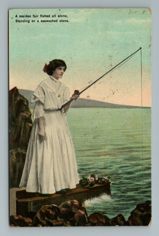 1910s 1920s Woman Fishing Vintage Postcard 