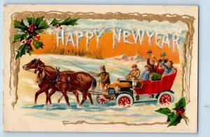 New Year Postcard Horse Pulling Car Winter Scene Holly Berries Le Mars Iowa IA