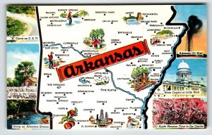 Postcard Greetings From Arkansas Map Chrome State Apple Blossom Little Rock