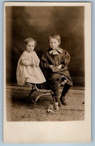 c1910's Little Girl Boy Teddy Bear Toy Studio RPPC Photo Antique Postcard