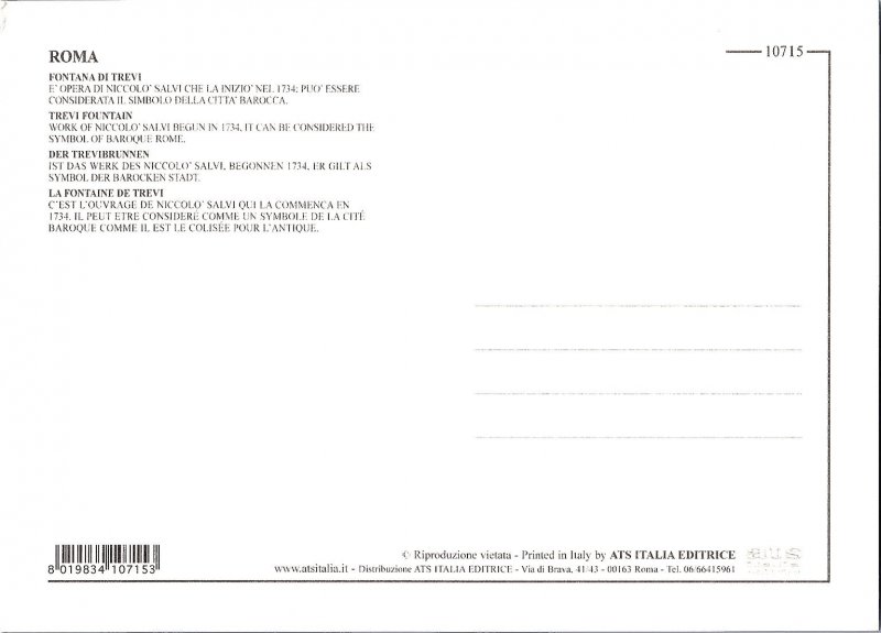 Scenic View Rome Italy's Trevi Fountain 1960s Continental Postcard