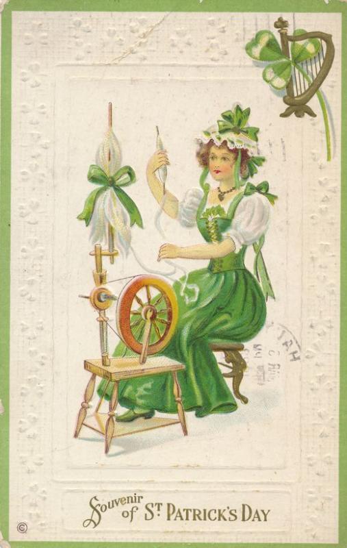 St Patrick's Day Greetings - Irish Lady at Spinning Wheel - pm 1922 - DB