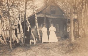 RPPC MADISON MAINE FAMILY WITH DOG POPLAR TREES REAL PHOTO POSTCARD 1909