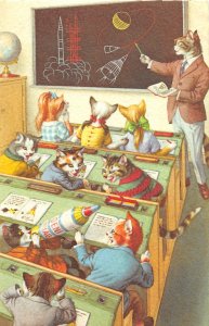 F86/ Alfred Mainzer Signed Postcard Dressed Cats Comic c50s School NASA 20