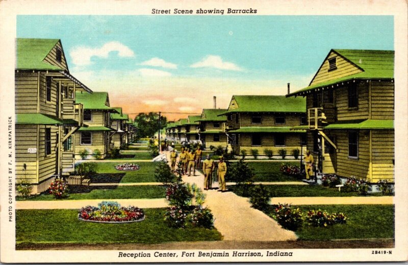 Linen Postcard Street Scene Showing Barracks at Fort Benjamin Harrison, Indiana