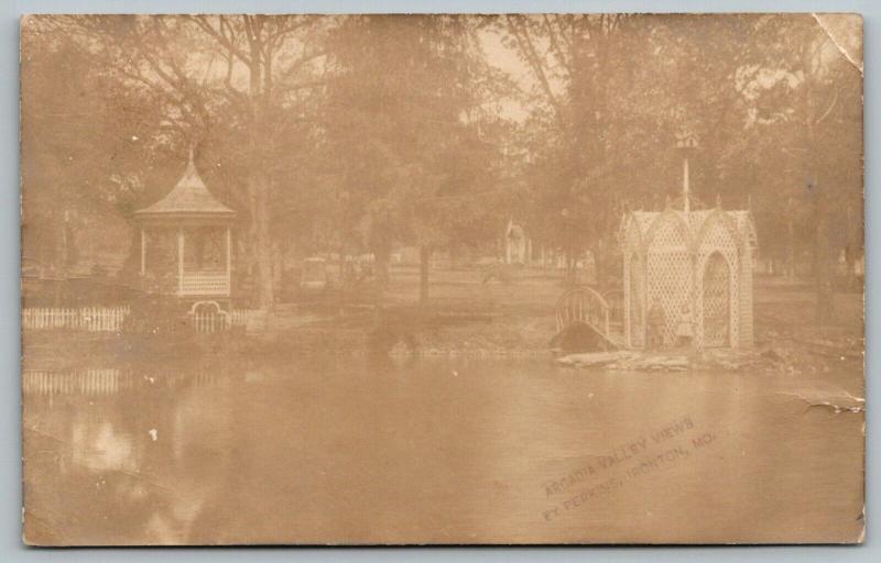 Ironton Missouri~TR Goulding Park on Castle Grounds~Fish Pond Gazebos~1908 RPPC 