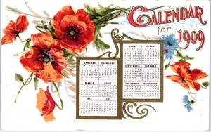 CALENDAR  POSTCARD  for  1909    Embossed   Nice Graphics, Flowers