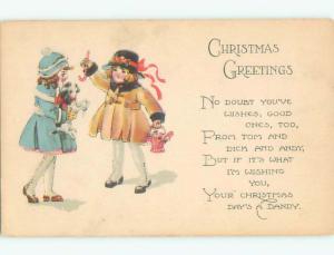 Unused Pre-Linen christmas GIRL HOLDS PUPPY DOG AND GIRLFRIEND WITH CANDY J1246