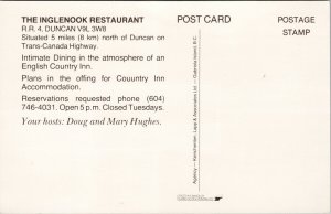 The Inglenook Restaurant Duncan BC Unused Vintage Advertising Postcard F44