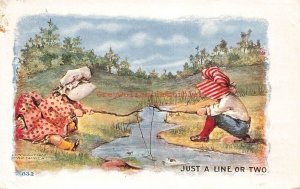 Unknown Artist, Boy and Girl Fishing, Just A Line Or Two, Embossed