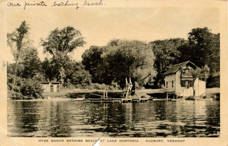 VT - Sudbury. Lake Hortonia, Hyde Manor Bathing Beach.  (card has been cut)