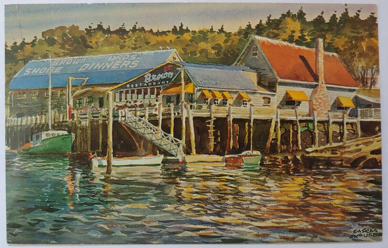 Brown Bros Restaurant Boothbay Harbor Maine Vtg Postcard Sascha Maurer Painting