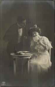 Romance Woman at Desk Writing Letter Old Ink Pen c1905 Real Photo Postcard