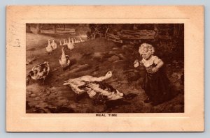 c1910 Little Blonde Girl Feeding the Geese ANTIQUE Postcard 1003