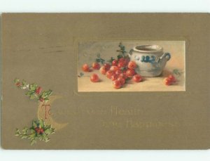 Pre-Linen STILL LIFE - CHERRY FRUIT BY ANTIQUE POTTERY POT W7017