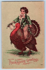 Calistoga California Postcard Thanksgiving Greetings Little Boy Riding Turkey