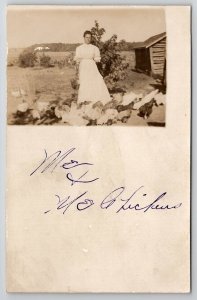 RPPC A Lady And Her Chickens New England Homestead Real Photo Postcard T30