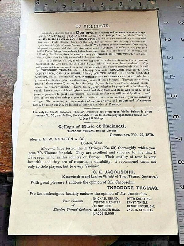 1879 Notice to International Violinists by  G.W. Stratton & Co., Boston, MA.  Z6