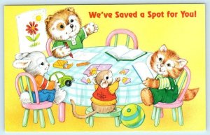 DRESSED CATS Anthropomorphic We've Saved A Spot Sunday School 1996 Postcard