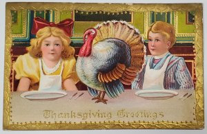 Thanksgiving Mother Daughter with Turkey Dinner Table Embossed Gild Postcard X9