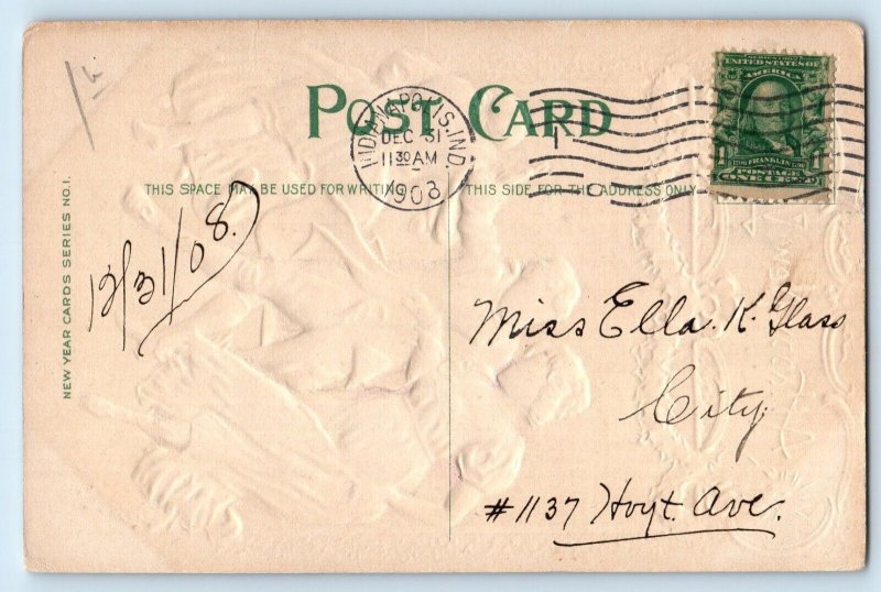 1908 New Year Colonial Dancing Candle Lights Embossed Indianapolis IN Postcard