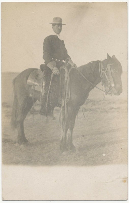  c1910 RPPC US Mounted Cavalry Soldier Wooly Chaps Crop Lariat Photo Postcard