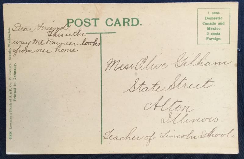 Postcard Unused W/writing Lake Washington Mt Rainier WA LB