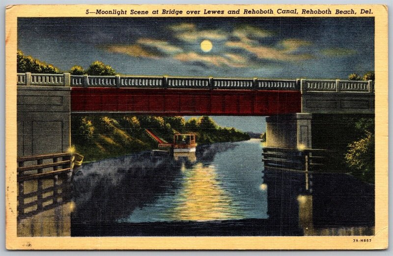 Vtg Rehoboth Beach Delaware DR Moonlight View Bridge Over Lewes & Canal Postcard