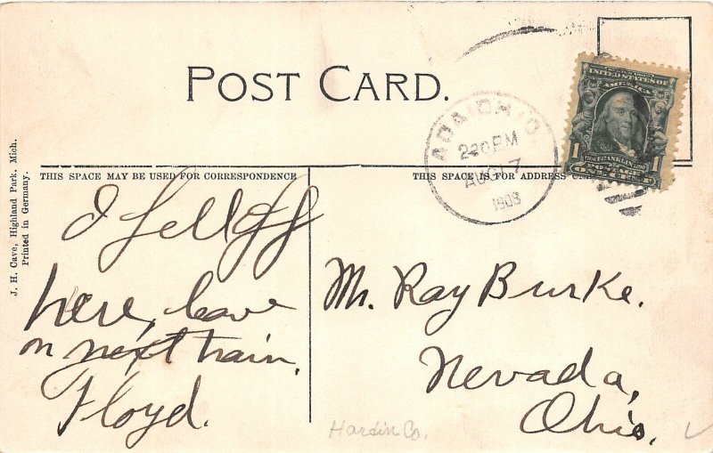 F96/ Ada Ohio Postcard 1908 Main Street Railroad Stores 