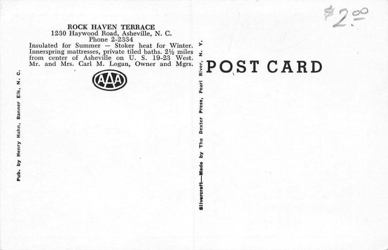 Asheville NC~Rock Haven Terrace~Roadside Motor Motel~1950s B&W Postcard
