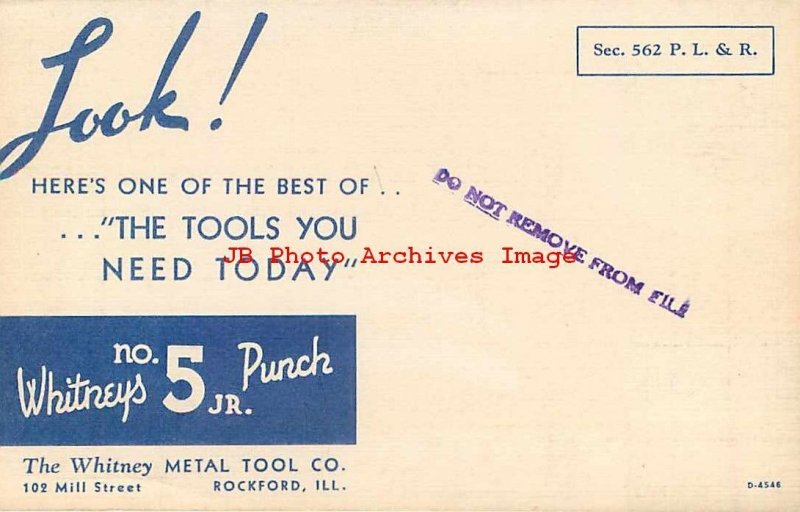 Advertising Linen Postcard, Whitney Metal Tool Company, Jr Punch, Rockford IL