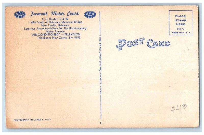 c1940's Tremont Motor Court & Restaurant Bedroom New Castle Delaware DE Postcard