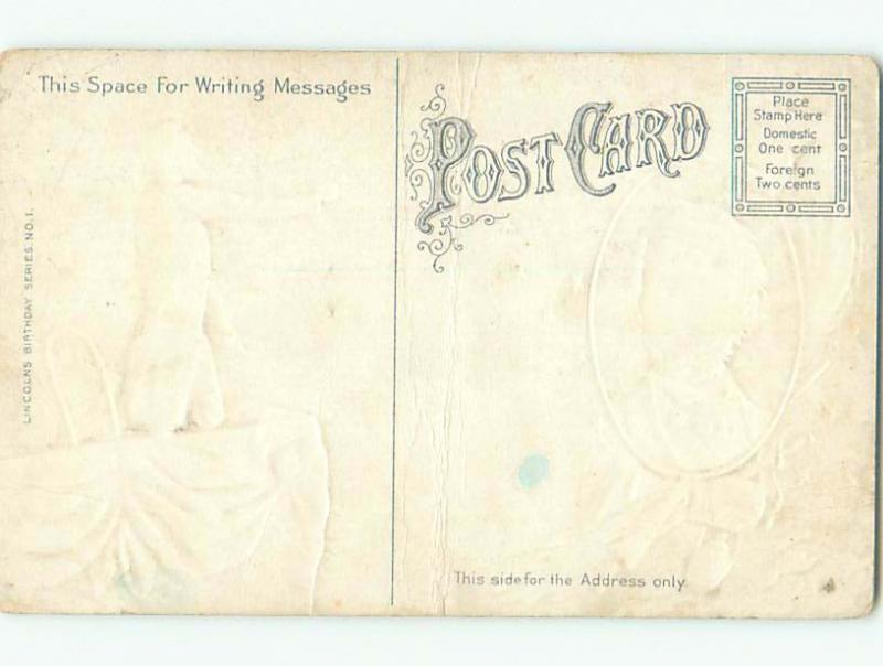 Bent 1909 patriotic ABRAHAM LINCOLN CENTENNIAL SOUVENIR POSTCARD k8332