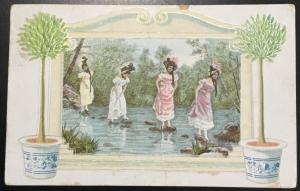 Postcard Used Embossed “4 women crossing a pond” PM 3/2/1914 KS LB