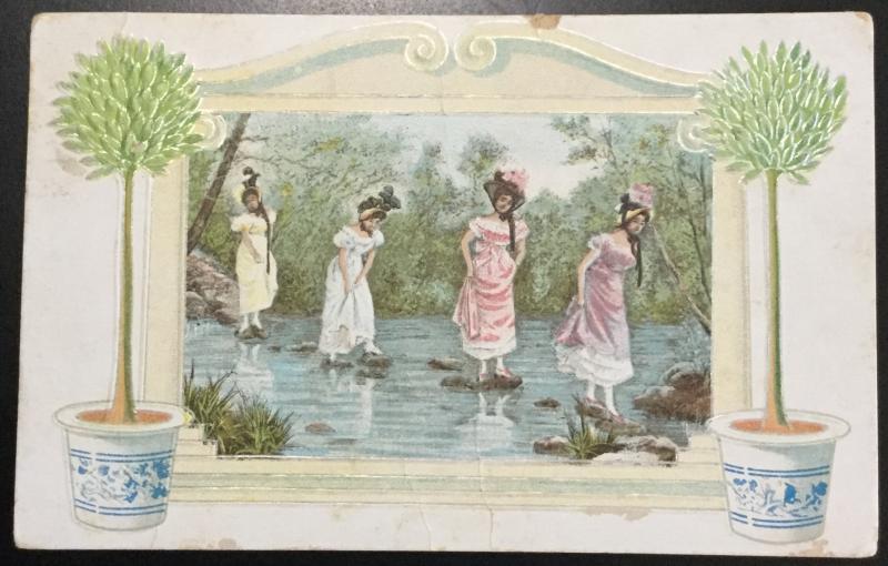 Postcard Used Embossed “4 women crossing a pond” PM 3/2/1914 KS LB