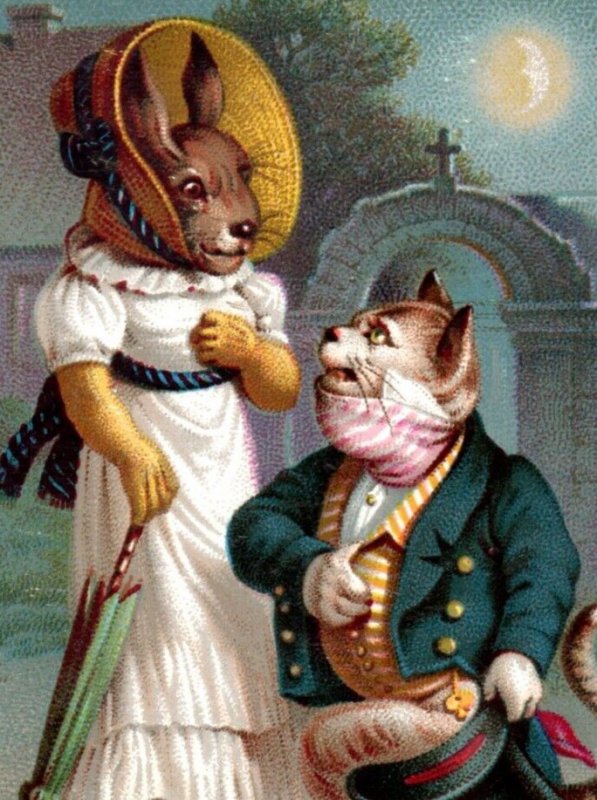 1880s Victorian Trade Card Anthropomorphic Cat & Rabbit Couple Night Moon #2 P84