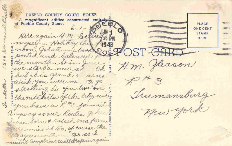 County Court House Pueblo Colorado 1943 linen postcard