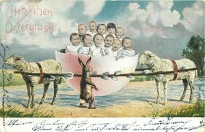 Multi babies surrealism Easter egg lamb cart & rabbit fantasy postcard c.1905