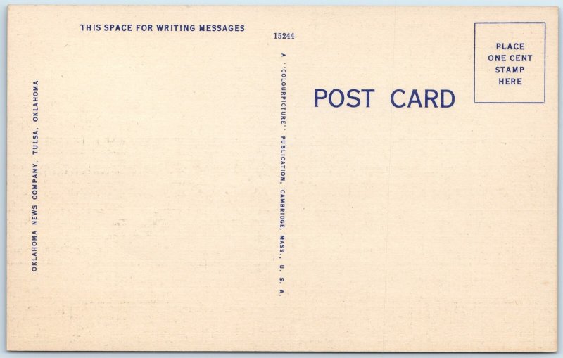 c1940s Tulsa, OK Golf Course Skyline Linen Postcard American Flag Downtown A91