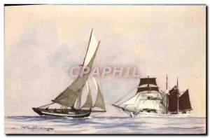 Old Postcard Boat Driver and Trois Mats Schooner Haffner